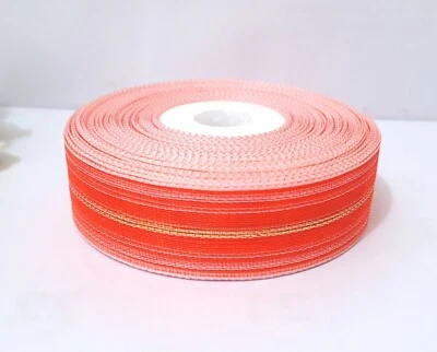 1" 25mm wide 33y Sheer Orangered Mesh Polyester Ribbon w Gold Metallic Line PR59 - Image 1 of 4