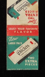 1930s Adams Chiclets Candy Coated Gum New Large Pack Two Extra Pieces Matchbook - Picture 1 of 2