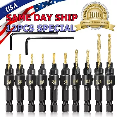 CUSTOM-SIGN 12x HSS Countersink Drill Bit 1/4" Hex Shank Woodworking Pilot Screw Hole Set