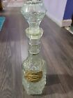 Cut Glass Liquor Decanter With Stopper Brass Pewter Bacchus RUM  Tag Vtg EMPTY