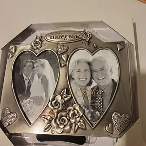 Then And Now Pewter Tone Double Picture Frame Table Anniversary Graduation Gift - Picture 1 of 4