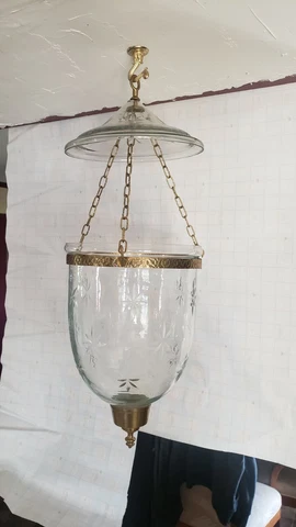 Vntg Cut Glass Crystal ? Bell Jar Lantern Gild Brass Colonial Chandelier Pendant Cover