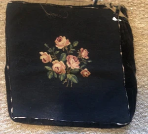 Antique Pillow Cover Floral Needelpoint Black Wool Velvet Back 16.5" AS IS - Picture 1 of 14