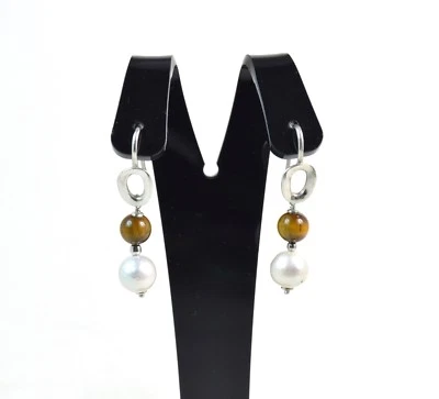 Orecchini pendenti in Occhio di Tigre,Perle e Argento 925. Made in Italy - Immagine 1 di 3