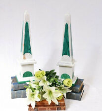 12 Inches White Marble Obelisk with Malachite Stone Inlay Work Set of 2 Pieces