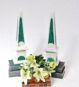 12" White Marble Obelisk with Malachite Stone Set of 2 Pieces Inlay Work Art Dec - Picture 1 of 9