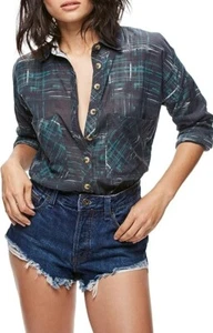 NWT's Free People Shore Vibes Green Printed Long Sleeve Button Down Shirt Boho - Picture 1 of 10