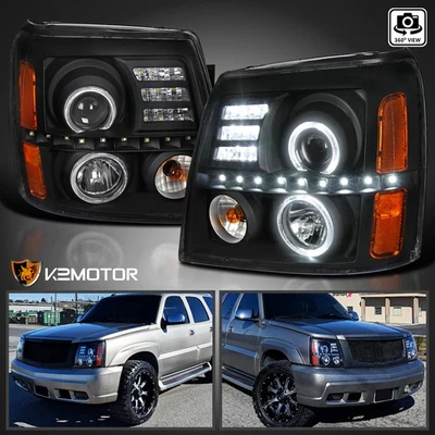 Black Fits 2002-2006 Cadillac Escalade LED Halo Projector Headlights Lamps L+R - Image 1 of 4