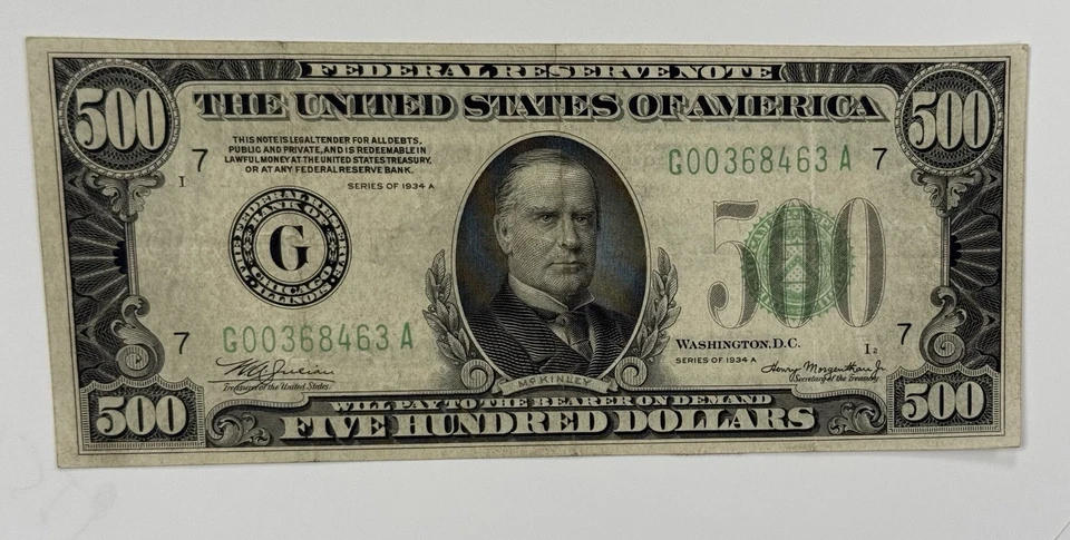 1934 A Chicago  $500 Five Hundred Dollar Bill Federal Reserve Note FR-2202G - Image 1 of 4