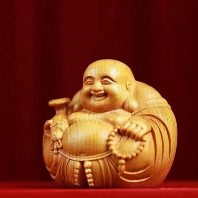 Adorno de madera de Buda Maitreya risas Buda ciprés madera artesanía Foto 1 de 4
