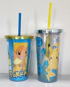 Pokemon Tumbler Cups with Straws Lot of 2 Plastic Acrylic Pikachu Squirtel Bulba - Picture 1 of 8