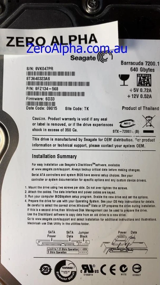 ST3640323AS, 9FZ134-568, SD33, TK, 9VK0 Seagate Data Recovery Donor Hard Drive - Image 1 of 1