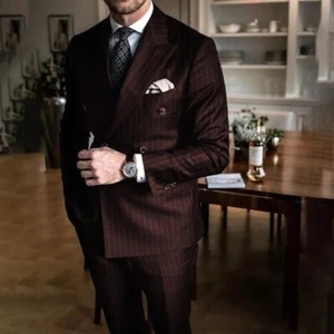 Chic Pinstripe Men's Suits 2 Pieces Set Formal Double Breasted Peak Lapel Suit - Picture 1 of 20