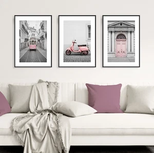 Set of 3 Pink Travel Wall Art Prints – European Street Tram, Scooter & Door - Picture 1 of 10