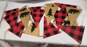 Wooden Flags Banner 12' Bear Tree Red Flannel Buffalo Check Rustic Holiday Decor - Picture 1 of 6