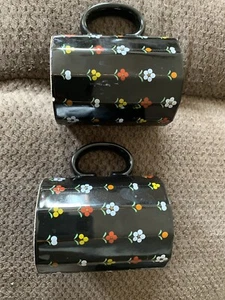 Vintage Otagiri Japan Black Floral 4” Mugs With Thin Gold Detail Set Of 2 - Picture 1 of 3