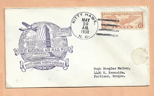 C19 FIRST FLIGHT KITTY HAWK N.C TO DAYTON OH MAY 19,1938 NATIONAL AIR MAIL WEEK - Picture 1 of 1