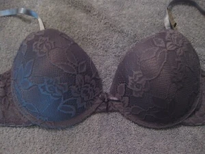 GRAY EMBROID. FLORAL 36C PUSH UP DEMI BRA, ADJ.STRAPS, UNDERWIRE, NYLON SPANDEX - Picture 1 of 6