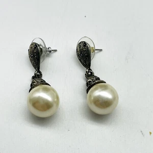 Marcasite Simulated Pearl Earrings Silver Tone Pierced Victorian Style - Picture 1 of 10