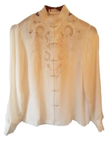 Camisa de vestir de seda con ojales bordados florales de encaje peonía mandarín 34 XS S victoriana - Imagen 1 de 10