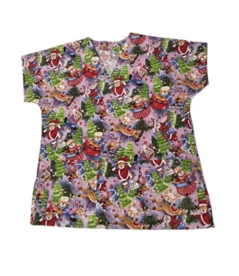 Pink with Winter Christmas Print Reindeer V Neck Scrub Top  Women’s Size Large - Image 1 of 4