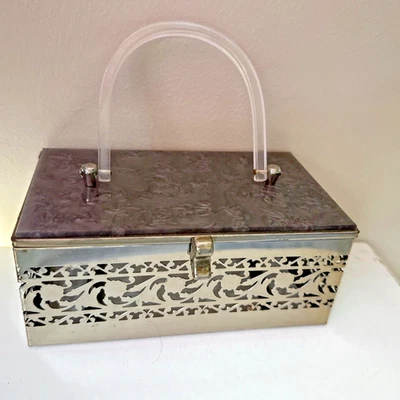 Vtg MADWED MCM Marbled Lucite & Gold Tone Filigree Metal Cutout Box Purse 1950'a - Image 1 of 4