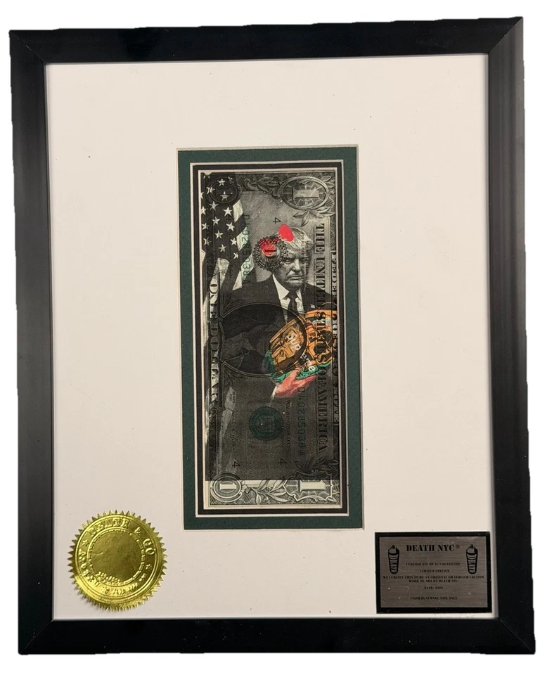 BELLAS ARTES: DEATH NYC Donald Trump — Firmado/100 — Billetes de dólar enmarcados con certificado de autenticidad Foto 1 de 4