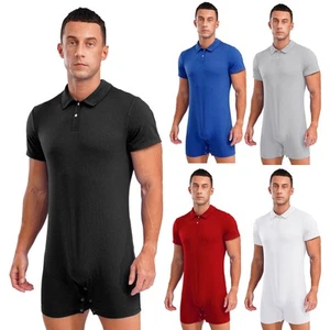 Men's Stretchy Button-Down Romper Jumpsuit Casual Pajamas Gym Workout Fitness - Picture 1 of 35