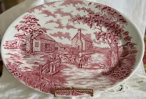 Vintage Maddock Pottery Red Oval Serving Platter Country Scene England - Picture 1 of 4