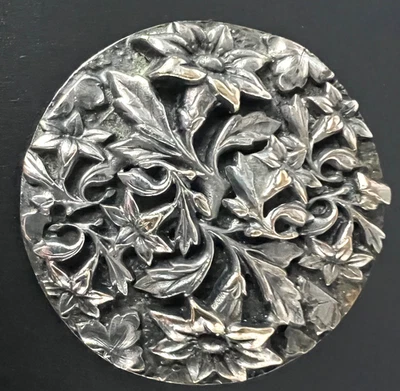 Placa de plata antigua grande botón coleccionable muy detallado ~ patrón floral ~ F13 Foto 1 de 4