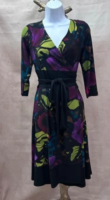  Jones New York Black & Jewel Tones Abstract Floral Wrap  Dress w/Belt Size 4 - Image 1 of 4