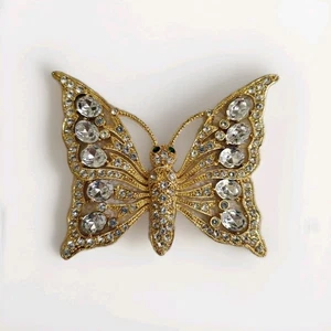 Vintage Huge Gorgeous Crystal Clear Rhinestone Butterfly Gold Tone Brooch Pin - Picture 1 of 11