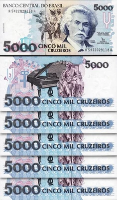 Brazil 5000 Cruzeiros 1990 1992, UNC, 5 Pcs LOT, Consecutive, P-232b, Sign 29 - Image 1 of 4