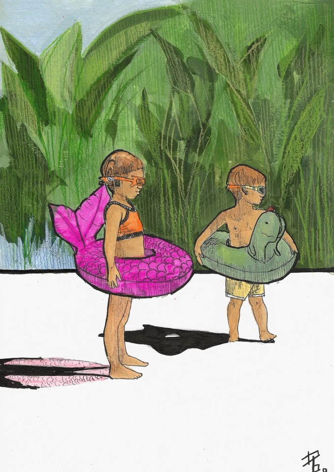 dibujo original A4 3BD marcador de obras de arte, lápiz niños en la playa boceto Foto 1 de 1