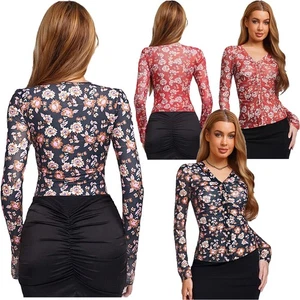 Womens Blouses Vacation Shirt Long Sleeve Tops Cover-up Sheer Print Ruched Mesh - Picture 1 of 36