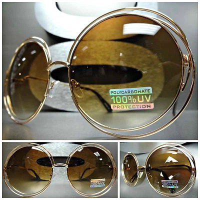 OVERSIZE EXAGGERATED VINTAGE RETRO Style SUN GLASSES Round Gold Frame Honey Lens - Image 1 of 4