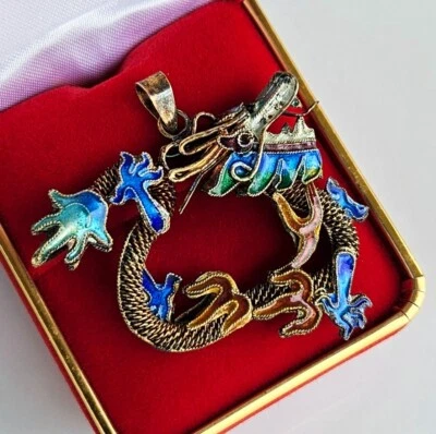 Antique Export Chinese Sterling Silver &Cloisonne Enamel Dragon Filigree Pendant - Image 1 of 4