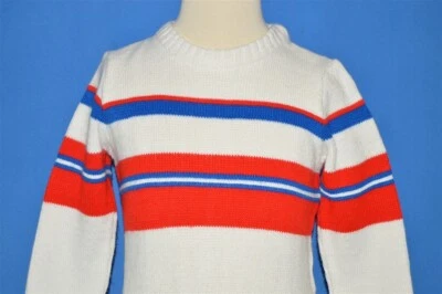 vintage 80s WHITE RED BLUE STRIPED ACRYLIC CREWNECK PULLOVER SWEATER TODDLER 4T - Image 1 of 3