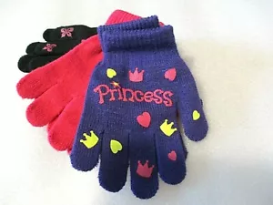 Guanti Bambina 3 Paia Viola Principessa, Rosa Tinta Unita, Nero - Farfalle Piccole - Foto 1 di 2