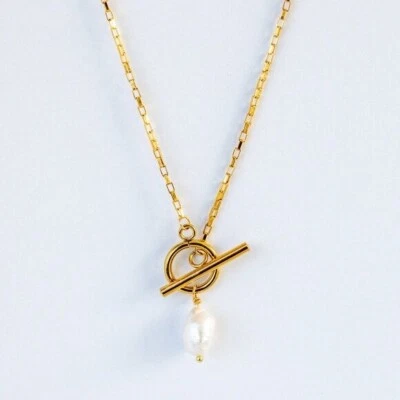 Waterproof Gold Toggle Necklace with Baroque Pearl Gold Chain Necklace Pretty - Image 1 of 4