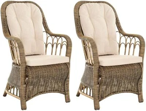 Set/ 2 Rattan Esszimmerstuhl mit Armlehne Hohe Rückenlehne Sessel Vintage Braun - Bild 1 von 7