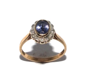Ladies/womens 9ct yellow gold ring set with a tanzanite+diamonds, UK size N 1/2 - Picture 1 of 8