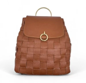 ANNA MORELLINI Woven Leather Backpack Purse Cognac Brown Gold Hardware Italy - Picture 1 of 19