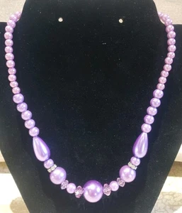 Vintage Graduated Chunky Beaded Necklace 18"- 20" Pastel Pink Purple Rhinestone  - Picture 1 of 7
