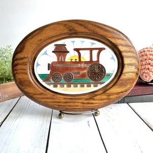 VTG Oval Wood Framed Tile Train Sunrise Express Wall Decor Sun Sky Child 9" - Picture 1 of 11