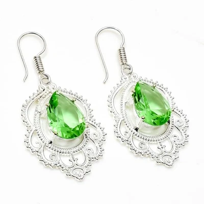 925 Sterling Silver Green Amethyst Gemstone Handmade Jewelry Earring Size-1.8" - Image 1 of 4
