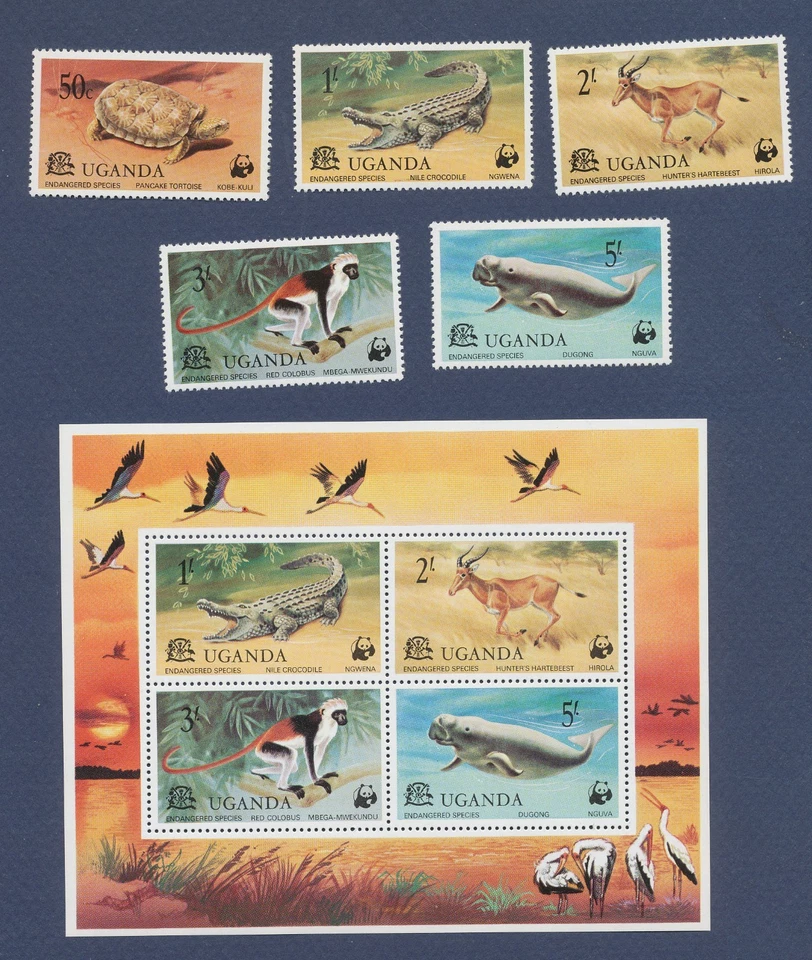 UGANDA - Scott 176-180 - MNH set & S/S - WWF  reptile, monkey, fish - 1977 - Image 1 of 1