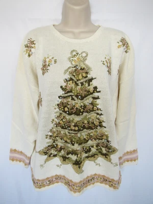 NEWPORT NEWS WOMANS L white green gold embroider metallic CHRISTMAS TREE SWEATER - Image 1 of 4