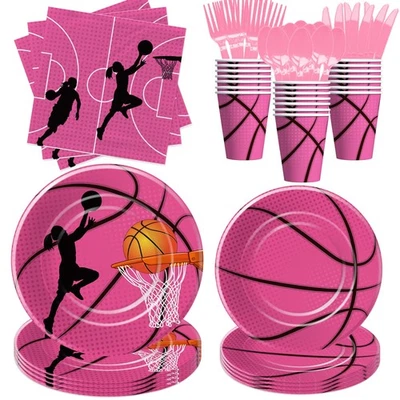 Juego de vajilla rosa de fiesta de cumpleaños de baloncesto para 24 invitados platos tazas servilleta Foto 1 de 4