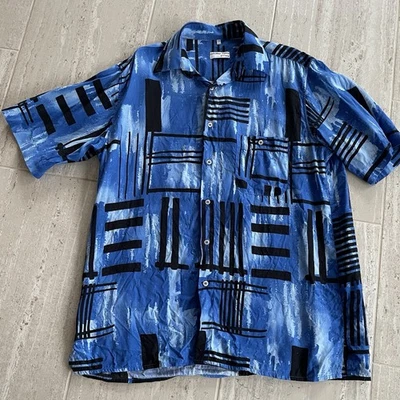VINTAGE GEORG ROTH Shirt Mens L Blue Black Abstract Art Geometric Short Sleeve - Image 1 of 4